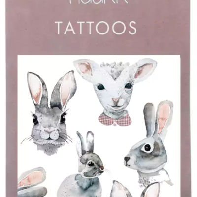 Pacote roxo com tatuagens temporárias de coelhos e ovelha em aquarela