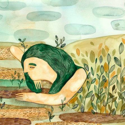 Ilustração artística de uma figura humana com cabelo verde entre plantas e raízes em estilo aquarela
