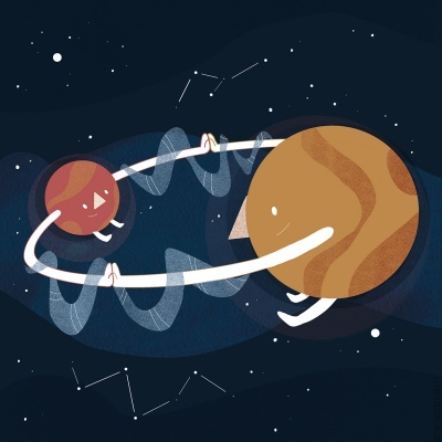 Dois planetas caricatos no espaço a cumprimentar-se com 'high five'