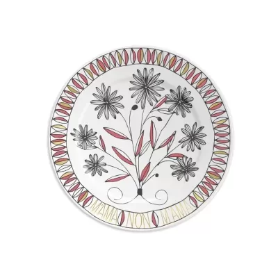 Prato decorativo redondo com flores pretas e detalhes vermelhos e dourados