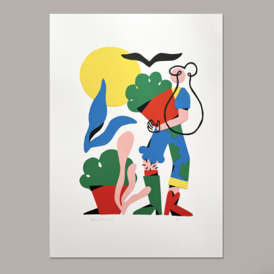 Ilustração colorida de figura humana estilizada segurando uma planta em vaso vermelho