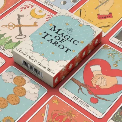 Baralho de tarô MAGIC OF TAROT com cartas coloridas e ilustradas à volta.