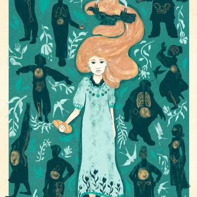 Ilustração de mulher de vestido azul claro com silhuetas negras e órgãos internos desenhados.