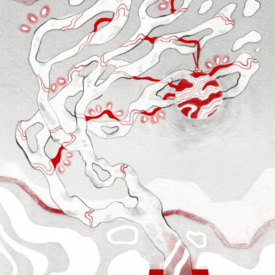 Ilustração abstrata de árvore vermelha e branca num vaso vermelho sobre fundo cinzento