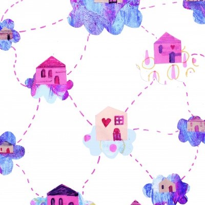 Ilustração de casas coloridas ligadas por linhas pontilhadas