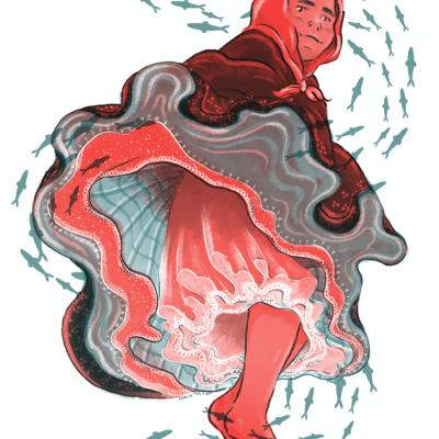 Mulher com capuz e vestido vermelho rodeada por peixes pequenos em fundo branco