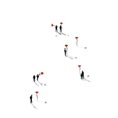 Figuras humanas negras em silhueta segurando flores vermelhas com fundo branco