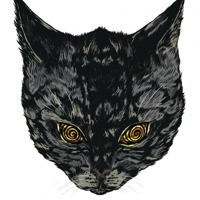 Cabeça de gato preto com olhos amarelos em fundo branco