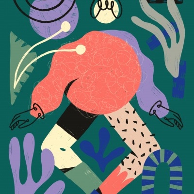 Ilustração abstrata de figura humana colorida com formas orgânicas num fundo verde