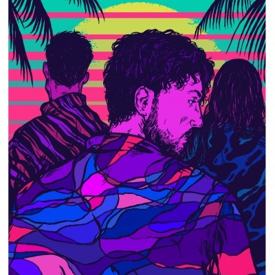 Ilustração colorida de três pessoas com padrões abstratos nas roupas, sol e palmeiras ao fundo.