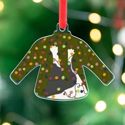 Enfeite de camisola de Natal com luzes coloridas e gato enrolado em fios de luzes