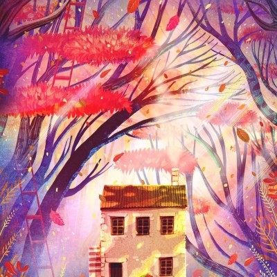 Casa branca de dois andares rodeada por árvores com folhas vermelhas e luz brilhante. 