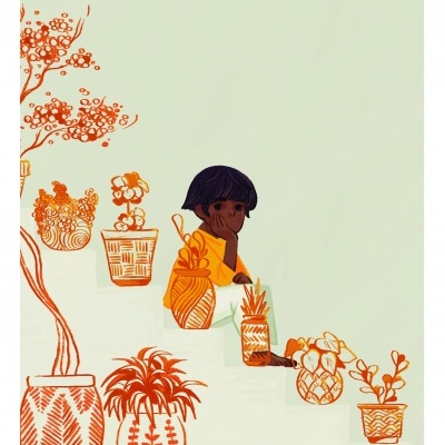 Ilustração de criança sentada em escada rodeada por vasos de plantas em tons laranja e amarelo