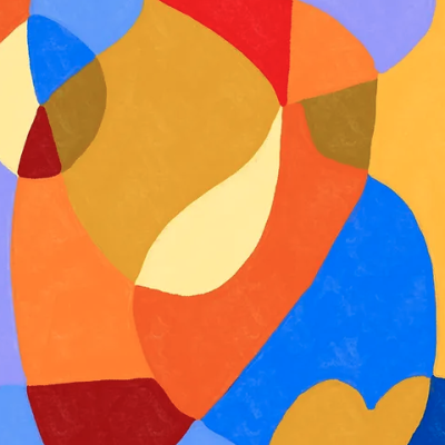 Arte abstrata com formas e cores vivas em tons de laranja, azul e vermelho