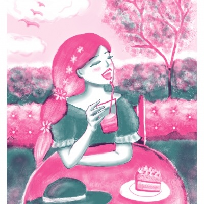 Ilustração de mulher com cabelo rosa sentada à mesa com bebida e bolo, ao ar livre.