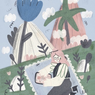 Ilustração de pessoa a ler num tapete ao ar livre com árvores, pedras e nuvens