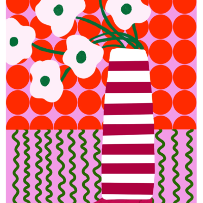 Vaso riscado com flores brancas sobre fundo colorido e padrão geométrico