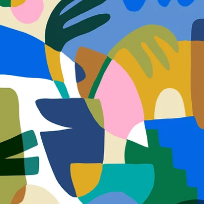 Imagem abstrata com formas coloridas e mãos estilizadas