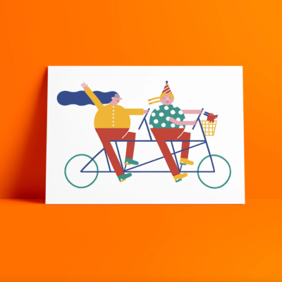 Ilustração colorida de duas pessoas em bicicleta tandem sobre fundo branco