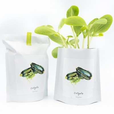 Dois sacos brancos com desenho de curgete, um com plantas verdes de curgete, outro vazio, fundo branco