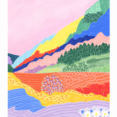 Ilustração colorida abstrata de paisagem com montanhas, campos e flores em vários tons e padrões