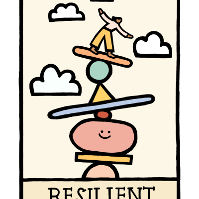 Ilustração de figura humana equilibrando-se em objetos empilhados com o texto RESILIENT.