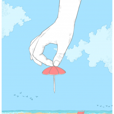 Ilustração de mão segurando pequeno guarda-sol vermelho numa praia com cadeira vermelha e céu azul.