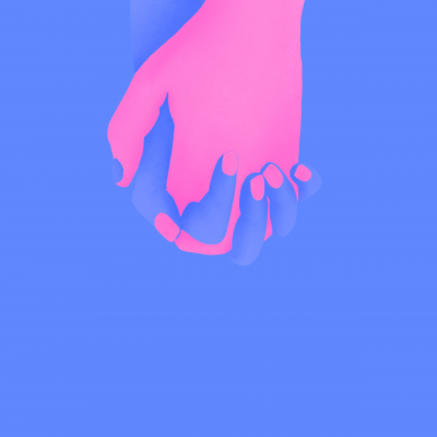 Duas mãos dadas em cores rosa e azul com fundo azul e a palavra 'inesa' no canto inferior.