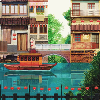 Ilustração de casas tradicionais asiáticas junto a um canal com barco e lanternas vermelhas.
