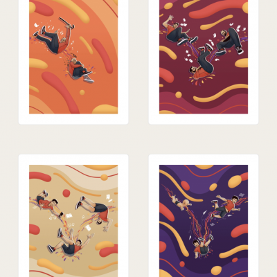 Quatro posters artísticos com pessoas e padrões abstratos coloridos