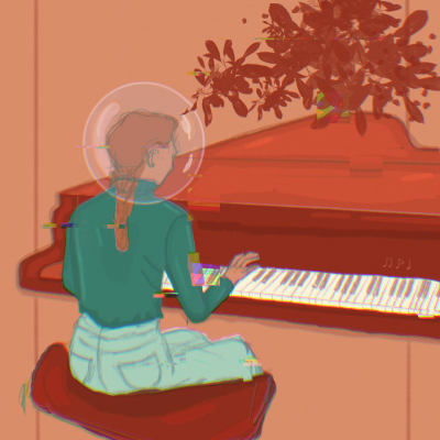 Pessoa a tocar piano de cauda com planta em cima, almofada vermelha e fundo laranja
