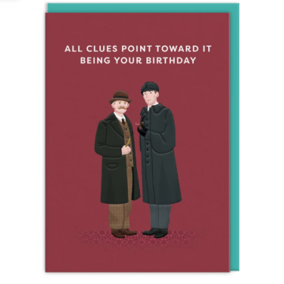 Cartão de aniversário com ilustração de dois homens detetives e texto em inglês.