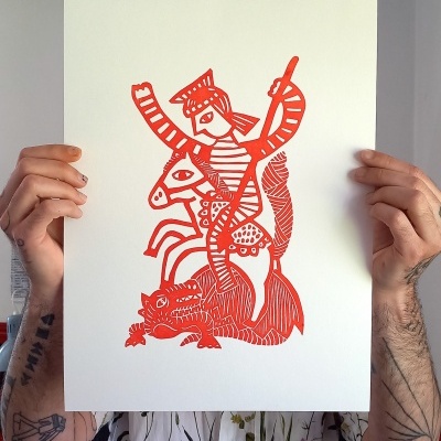 Ilustração em papel branco com figura humana, cavalo e dragão em laranja