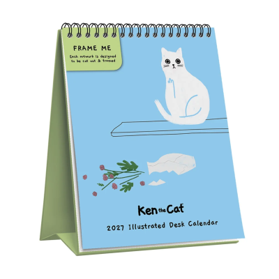 Calendário de secretária ilustrado para 2027 com imagem de gato branco, flores e suporte verde