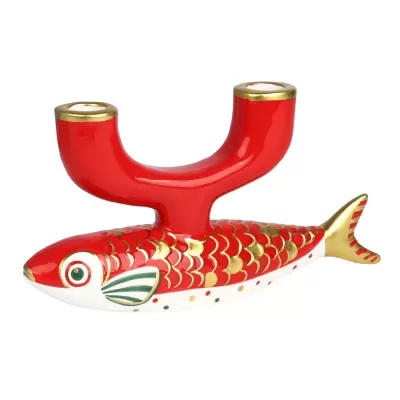Castiçal cerâmico em forma de peixe vermelho e branco com detalhes dourados