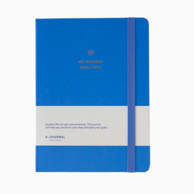 Caderno azul com capa dura e elástico