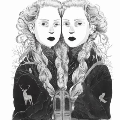 Desenho a preto e branco de duas mulheres com cabelos trançados e casacos com desenhos de veado e pássaro