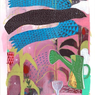 Ilustração colorida com jarra verde, copo, flor vermelha, milho estilizado e texto A PASTA DE MILHO