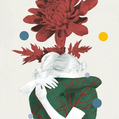 Ilustração de duas pessoas abraçadas com flor vermelha grande ao fundo e círculos coloridos