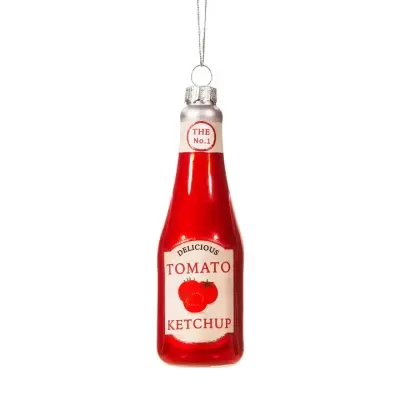 Ornamento garrafa ketchup vermelho com rótulo branco 'DELICIOUS TOMATO KETCHUP' e tampa 'THE No. 1'
