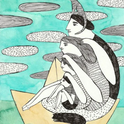 Ilustração de quatro pessoas e um gato em estilo abstrato com fundo azul e nuvens.