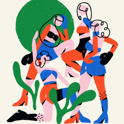 Ilustração de quatro mulheres estilizadas com roupas coloridas e formas verdes no fundo.