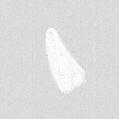 Desenho minimalista de fantasma branco num fundo cinza