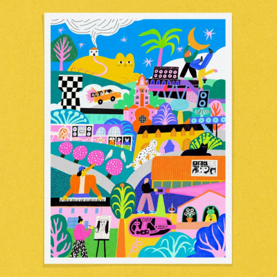 Ilustração colorida com gato amarelo e vários elementos urbanos