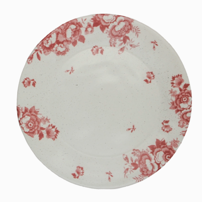 Prato cerâmico redondo com padrão floral vermelho em fundo branco
