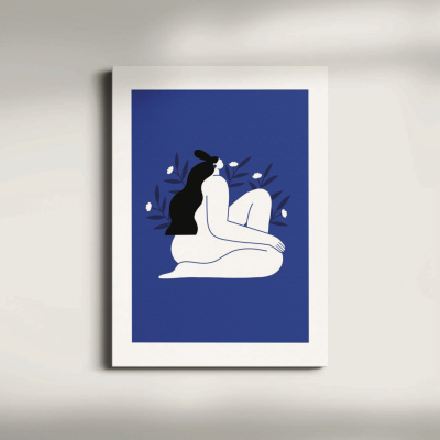 Quadro decorativo com figura humana minimalista em fundo azul