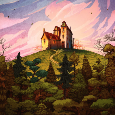 Ilustração de casa antiga numa colina com árvores e céu colorido