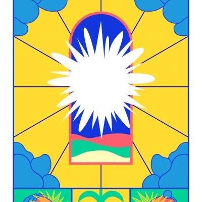 Ilustração colorida de formas geométricas e elementos florais estilizados em amarelo, azul, verde e vermelho