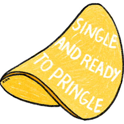 Batata em forma de chip amarelo com texto humorístico em branco