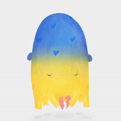 Figura em forma de fantasma azul e amarelo com corações e coração partido rosa